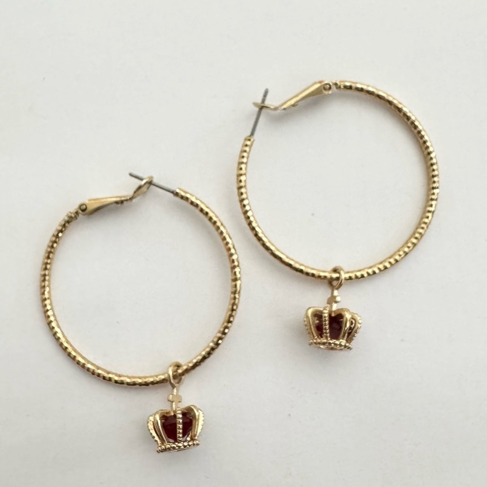 Gold Toned Crown and Cross Hoop Earrings